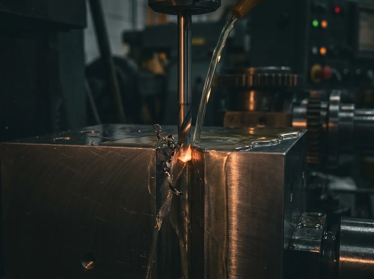 Deep-hole gun drill entering a metal workpiece