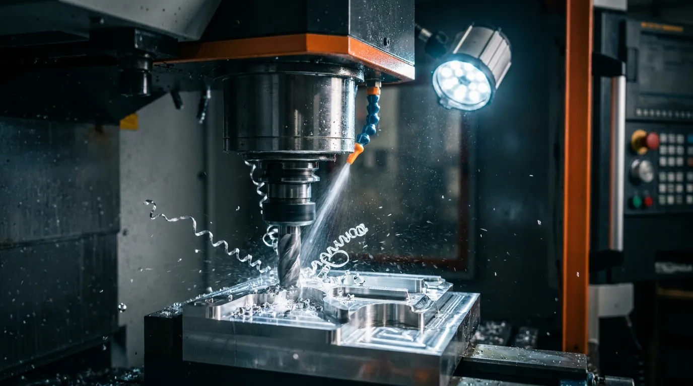 Precision machining of a bespoke metal component, swarf curling from the cutter